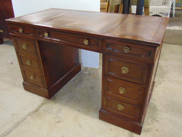 Leather top double pedestal desk, clean, desk is 50" by: Leather top double pedestal desk, clean, desk is 50" by 25", height is 30.25"