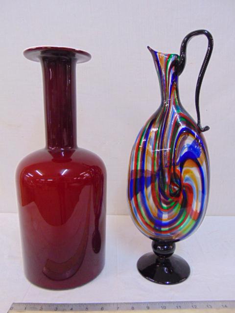 2 art glass vases, multi colored ewer or pitcher on (1 of 7)