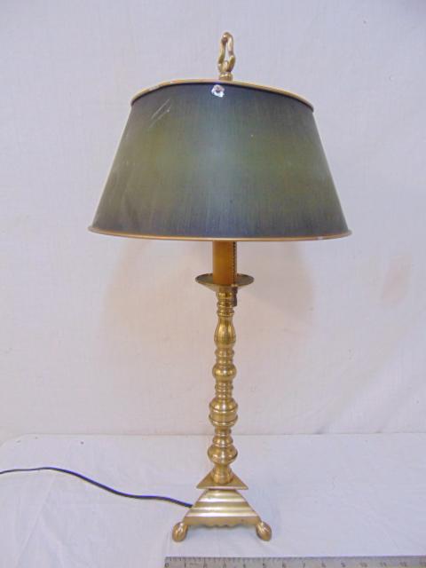 Brass table lamp, with tole shade, lamp is 26" tall. (1 of 4)