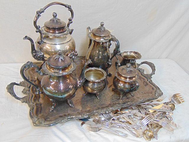Large silver plate tea set & lot of flatware, tea set (1 of 6)