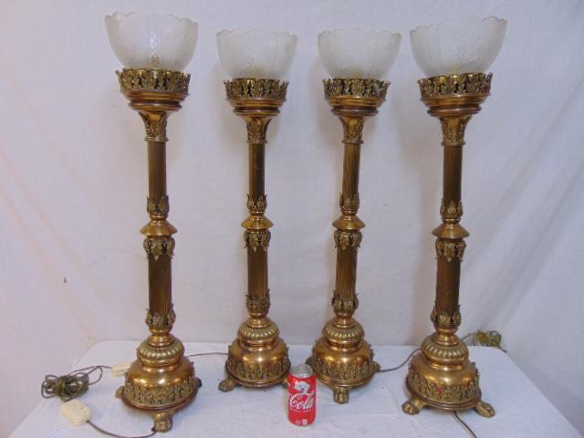4 large brass column lamps with shades, one shade (1 of 5)