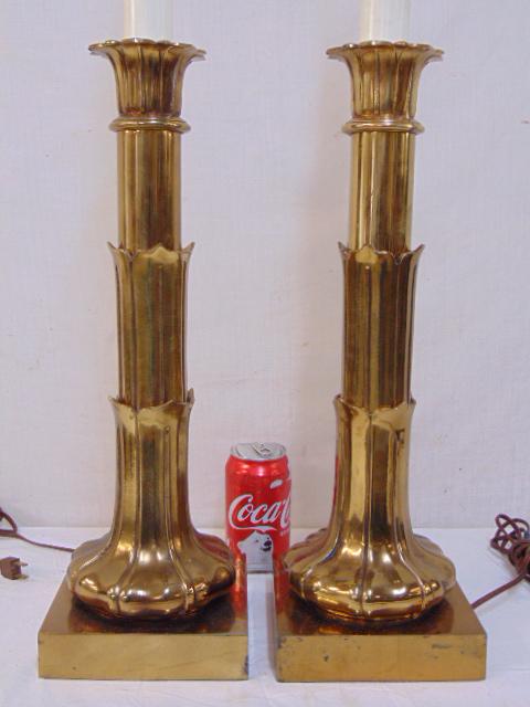 Pair pot metal MCM table lamps, brass patina, finish, (1 of 3)