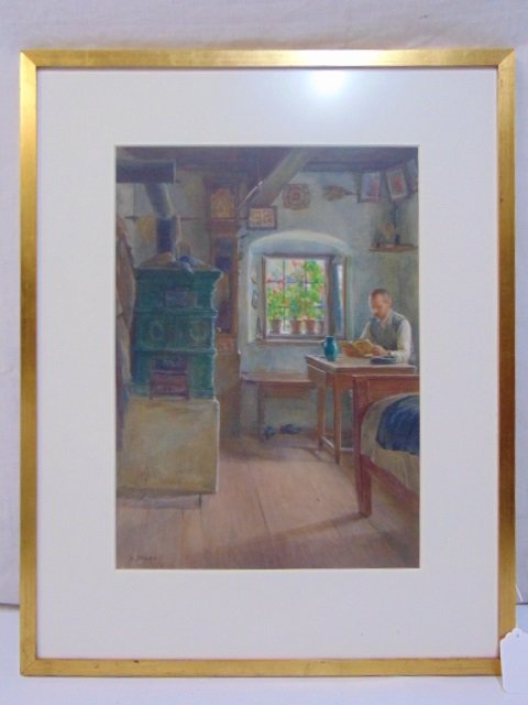 Painting, Joseph Strockal, interior scene, man reading (1 of 5)