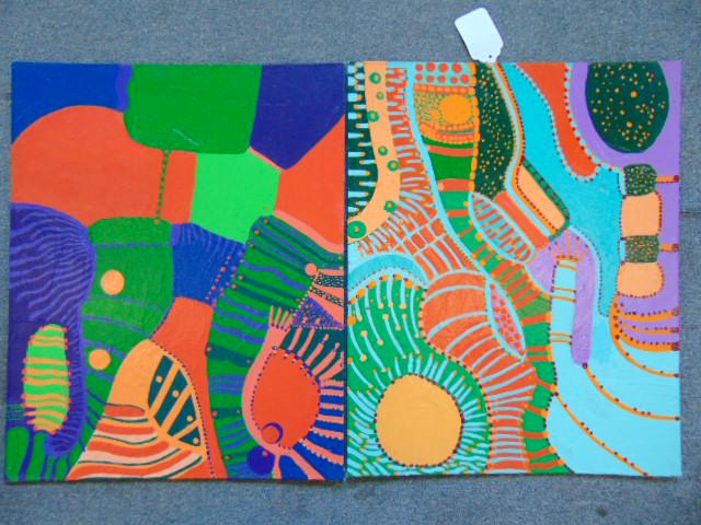 2 Paintings, Louise Abrams, Outsider Art Collection,: 2 Paintings, Louise Abrams, Outsider Art Collection, acrylic on canvas board, 16" by 20", from the collection of the artist. This lot is part of a large collection of sculpture and paintings from a ne