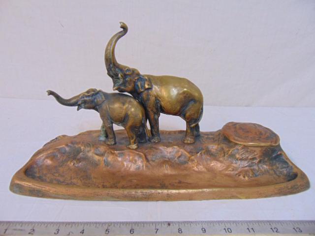 Bronze elephant desk tray, inkwell, base is 16" wide,6" (1 of 5)
