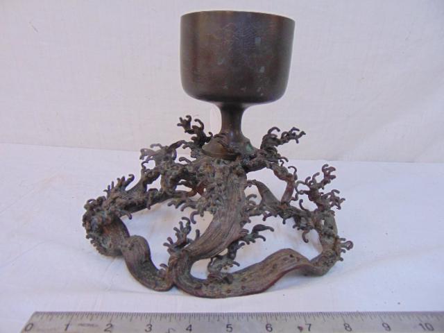 Japanese bronze root form base with cup.: Japanese bronze root form base with cup.