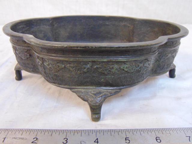 Chinese bronze footed bowl, decorated, signed, bowl is (1 of 6)