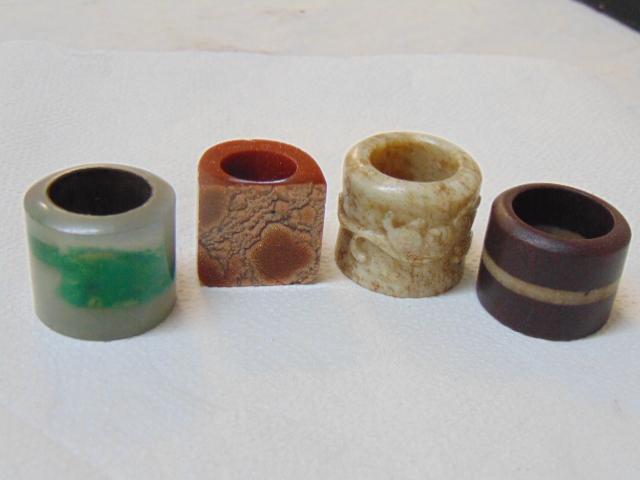 4 Chinese archer rings, carved jade, stone, one with (1 of 9)