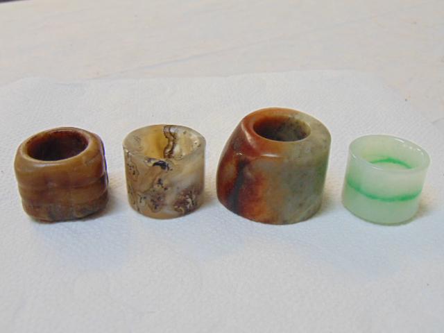 4 Jade & carved stone archer rings, green jade, stone, (1 of 9)