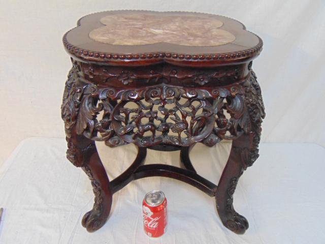 Chinese carved base marble top plant stand, top is 20" (1 of 4)