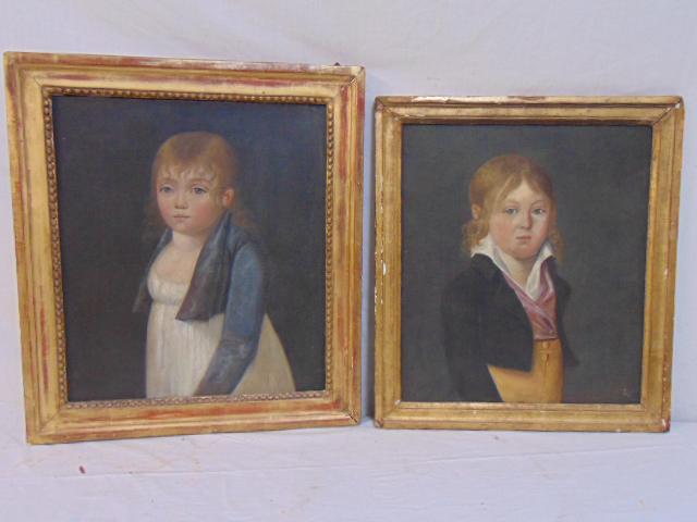 2 paintings, portraits young children, unsigned, oil on (1 of 7)