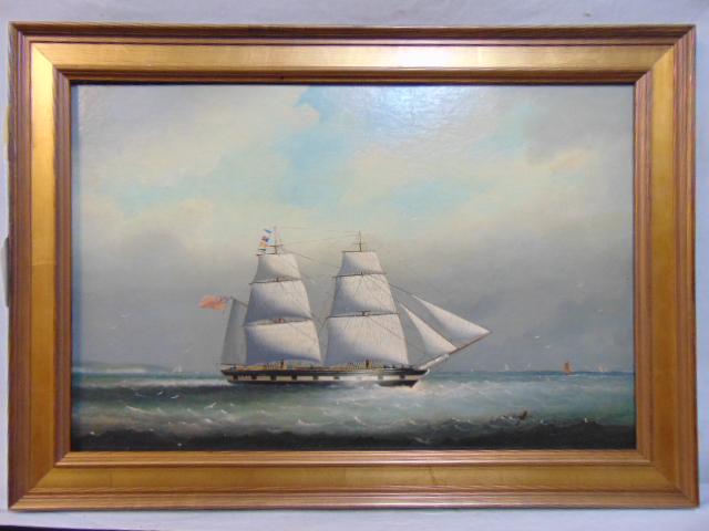 Painting, sail ship at sea, unsigned, oil on canvas, (1 of 5)