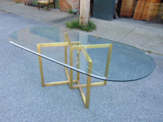 Glass top brass base Mid Century table, oval glass top, (1 of 10)