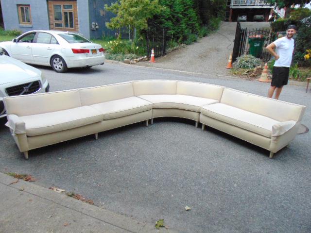 Sectional corner sofa, in white, fabric has some holes, (1 of 7)