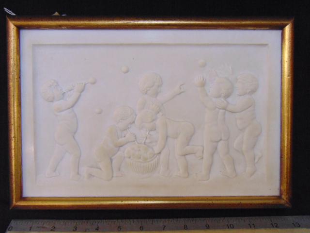 Carved marble plaque, children playing, signed C. Maly (1 of 5)