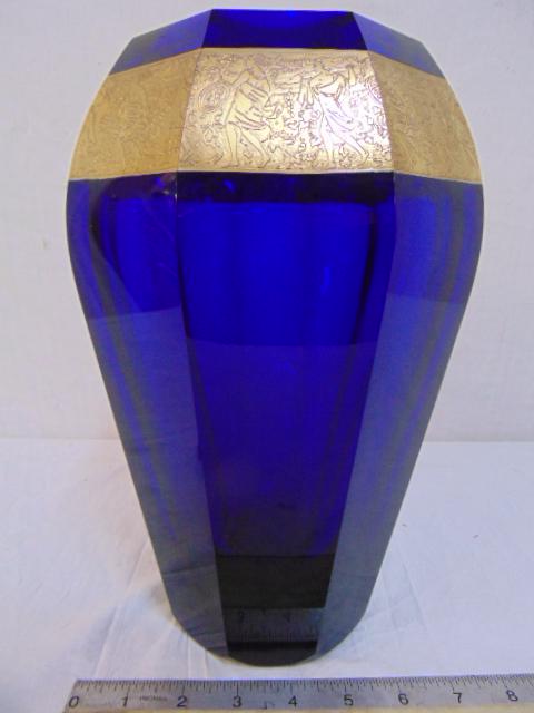 Moser art glass vase, kobalt with gold band, base is (1 of 6)