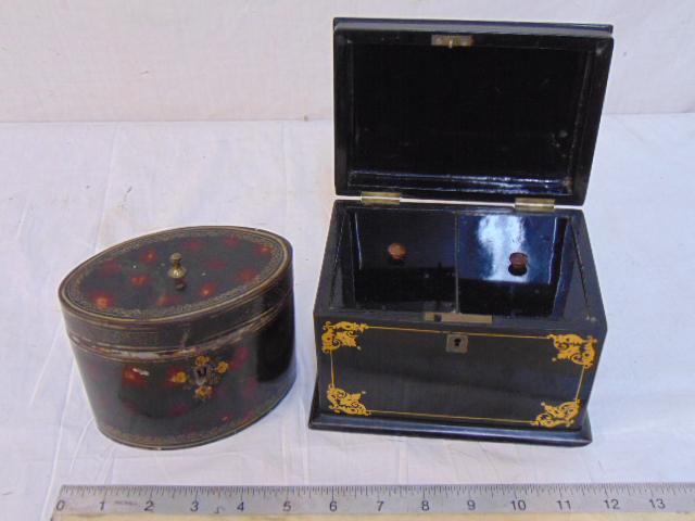 2 Early tea caddies, one tole one lacquered wood w/ (1 of 6)