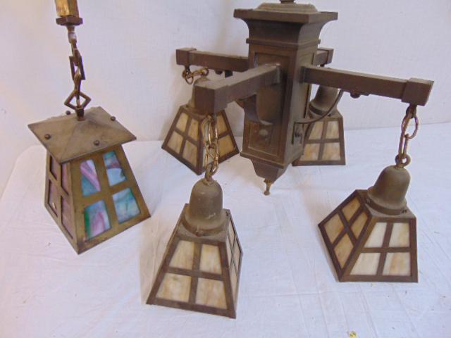 Arts & crafts hanging fixture & lantern, brass fixture (1 of 5)