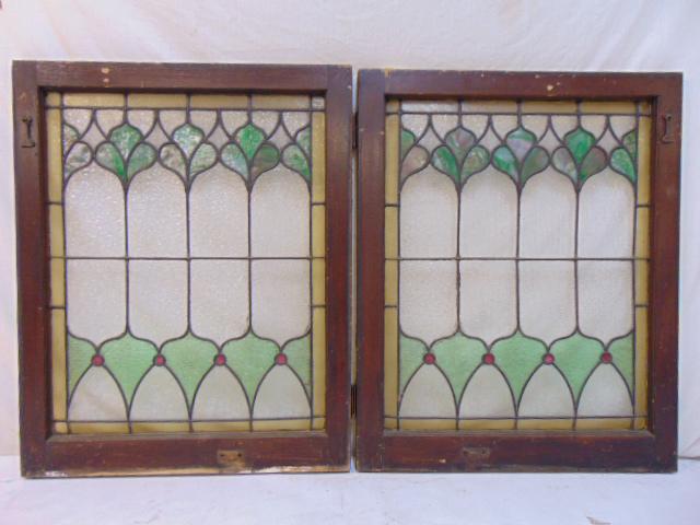 Pair leaded windows, wood frames, arts & crafts style (1 of 5)