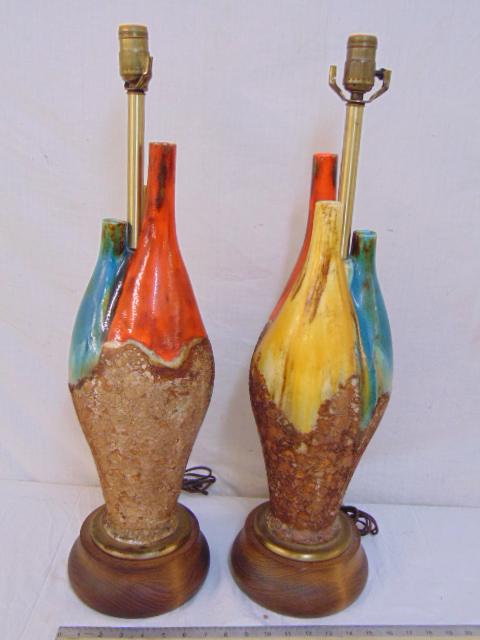 Pair MCM art pottery table lamps, in bottle form, red, (1 of 5)