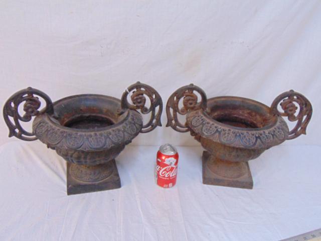 Pair small Victorian cast iron urns, with handles, (1 of 4)