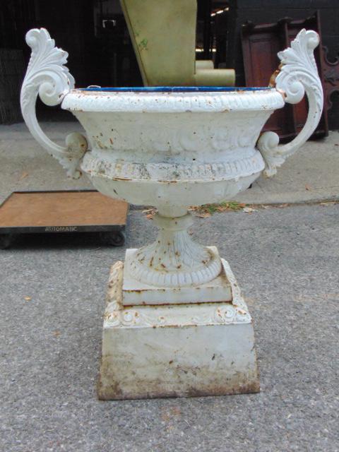 Cast iron garden urn, sectional, urn is 29" wide,: Cast iron garden urn, sectional, urn is 29" wide, including handles, height is 35.25"