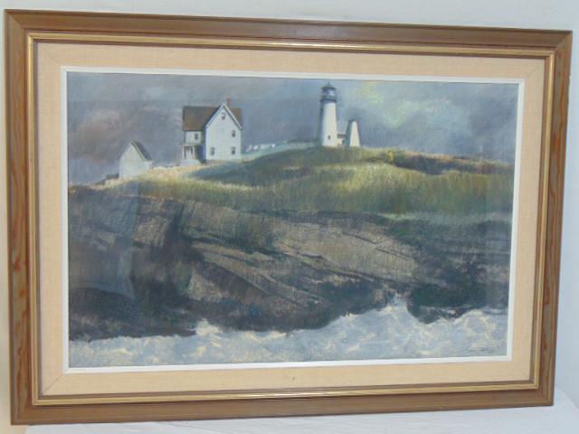 Painting, lighthouse on cliff, George Rapp (?), AWS, (1 of 5)