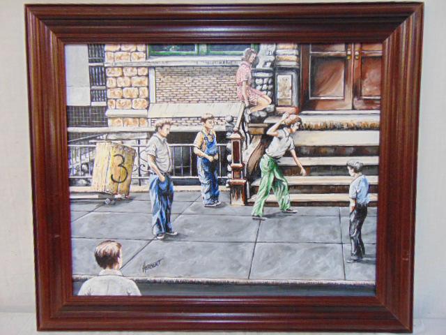 Painting, playing ball, signed Herbert, oil on: Painting, playing ball, signed Herbert, oil on masonite, 14" by 17"