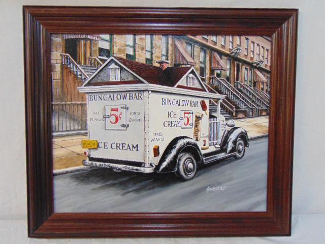 Painting, ice cream truck, signed Herbert, oil on (1 of 5)