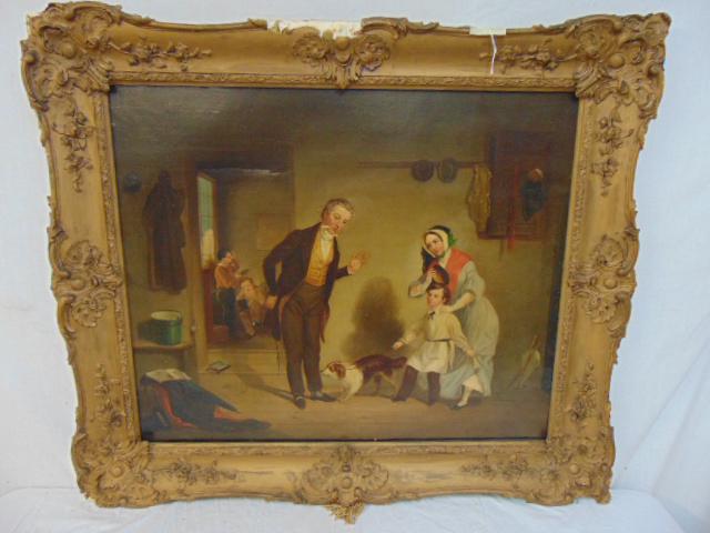 Painting, genre, boy getting ready to walk dog, oil on (1 of 5)