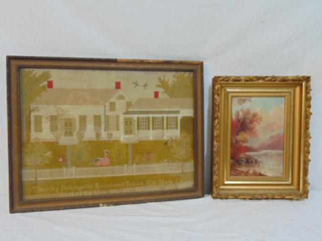 2 pcs Artwork, painting needlework & oil on panel, (1 of 5)