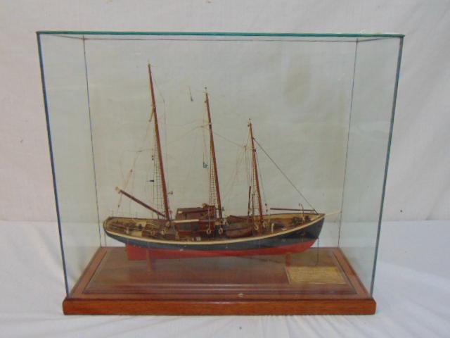 Sailboat model in case, the Motor Sailer "Viking",: Sailboat model in case, the Motor Sailer "Viking", built for George Storer, Lt. Commander, U.S.N.R., boat is 15.25" long (hull)