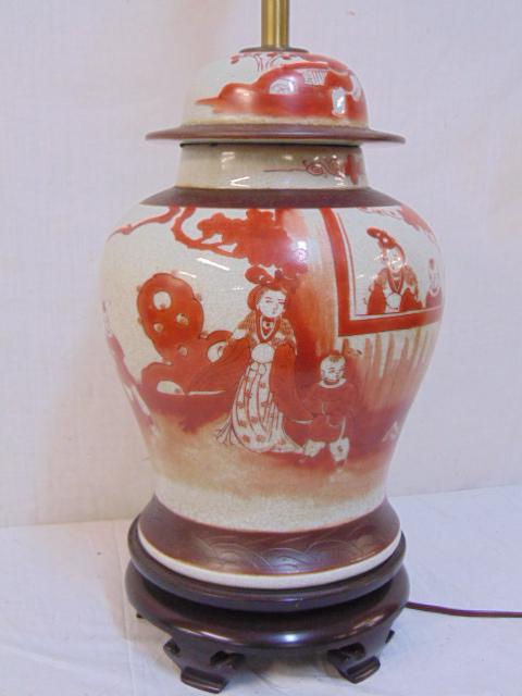 Chinese ginger jar lamp, red & brown decorations, (1 of 5)