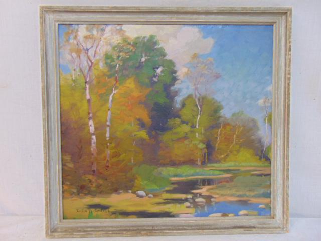 Painting, Emile Gruppe, landscape with birch trees, oil (1 of 4)