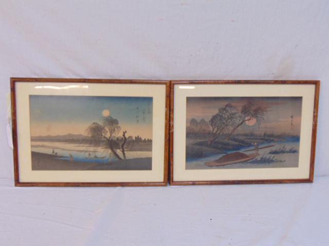 Pair Japanese woodblock prints, figures in boars, (1 of 7)