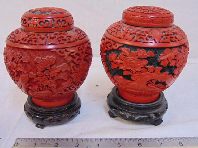 Two carved cinnabar ginger jars with lids, various (1 of 8)