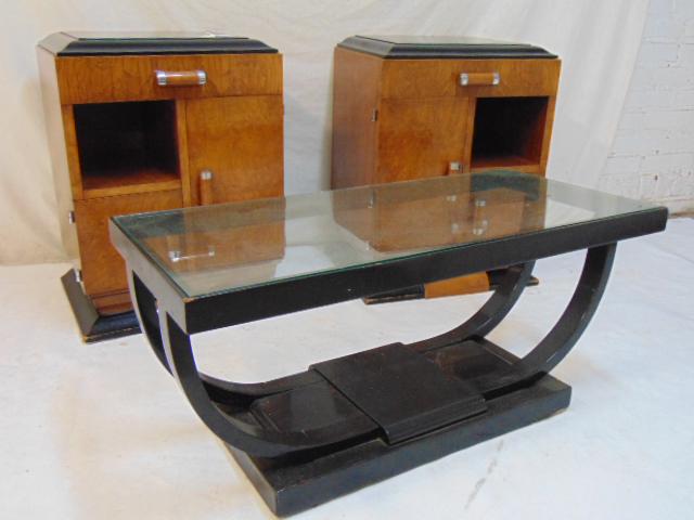 Pair Art Deco nightstands & coffee table, quality burl (1 of 7)