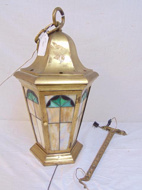 Brass hanging lantern with leaded glass panels & (1 of 4)