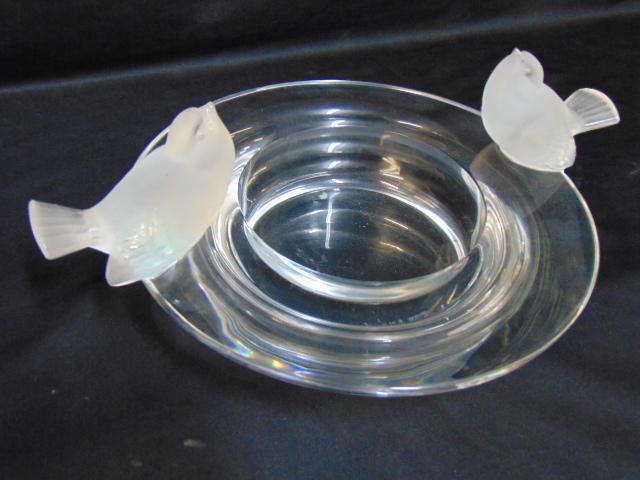 Lalique art glass bowl with birds, round clear glass (1 of 6)
