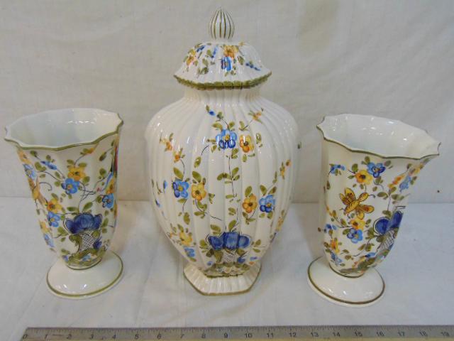 Italian ceramic urn & 2 vases, floral decorated, urn is (1 of 5)