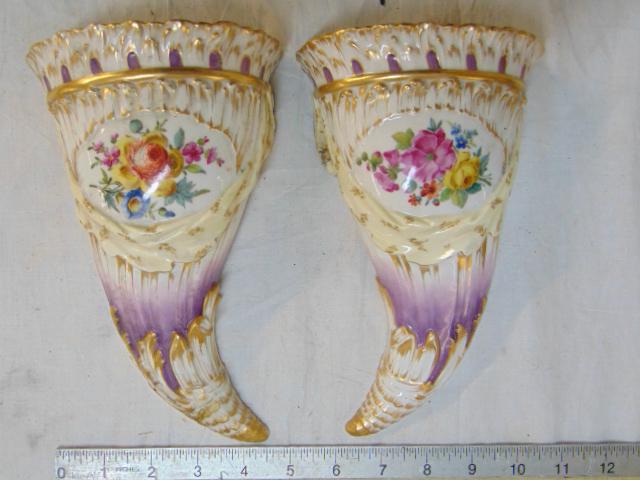 Pair porcelain wall pockets, one is repaired, floral (1 of 6)