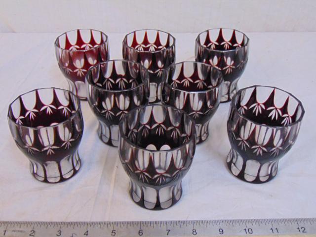 Set 8 Bohemian cut glass glasses, red & clear, few (1 of 4)