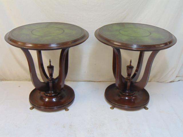Pair mahogany leather top tables, 26.75" in diameter, (1 of 5)
