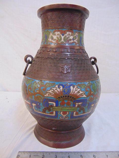 Bronze Champleve vase, in engraved bronze with colorful (1 of 4)