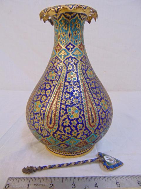 Persian enamel decorated vase & enameled spoon, vase is (1 of 5)
