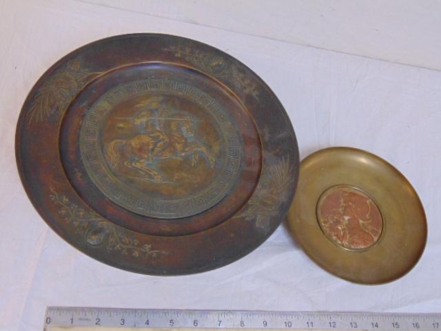 2 bronze, mixed metal trays with scenes, brass & copper (1 of 9)