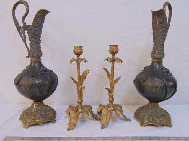 Pair ewers & pair candlesticks, pair leaf decorated (1 of 4)