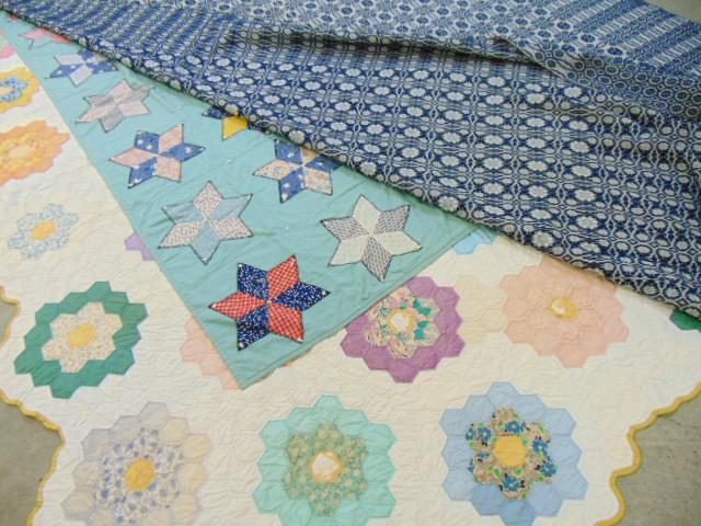 Fabric, quilt lot, blue & white coverlet & 2 quilts, (1 of 9)