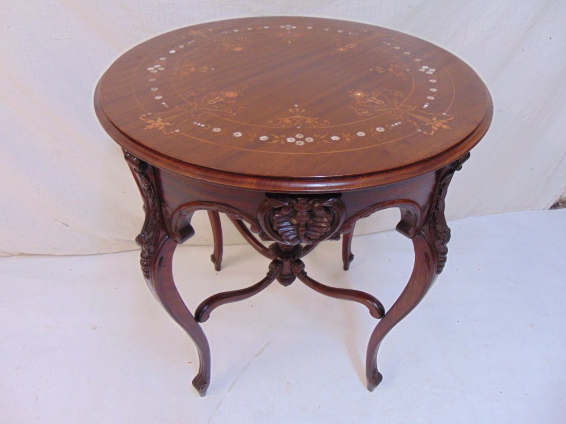 Inlaid mahogany table, carved detail, round (1 of 7)