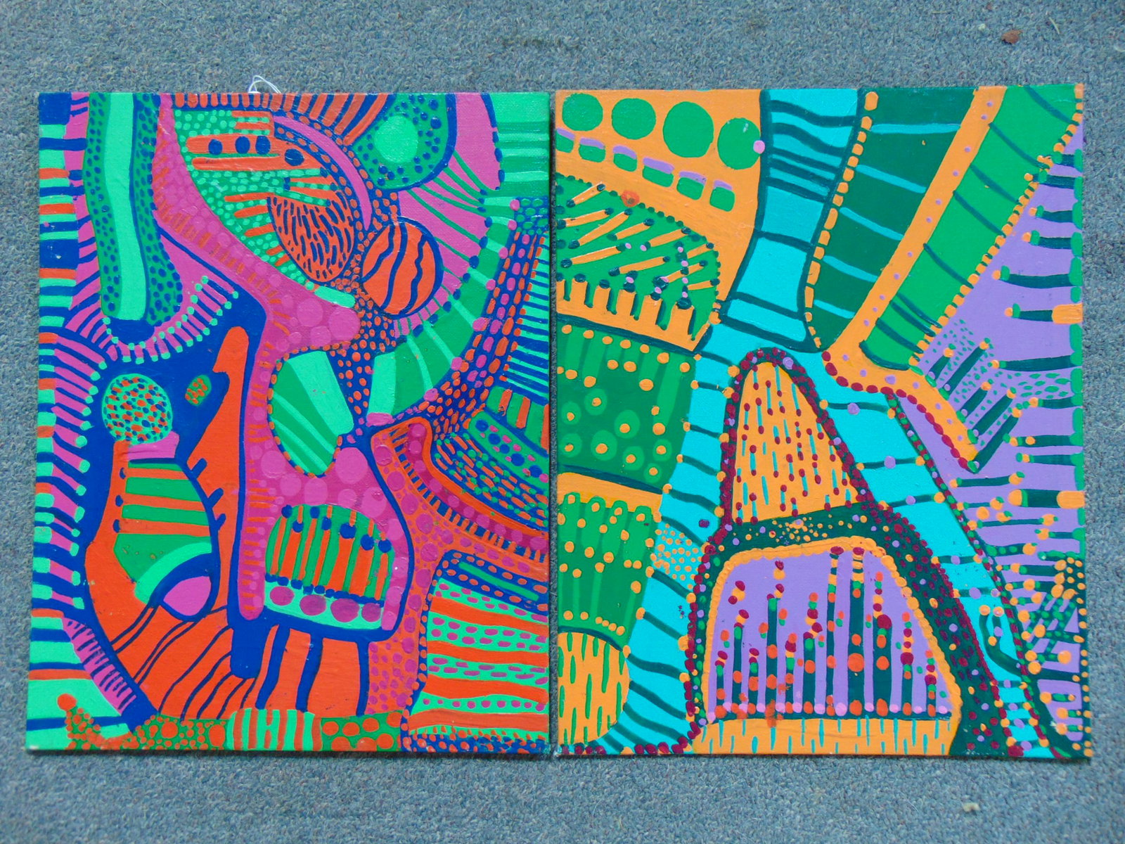 2 paintings, Louise Abrams, Outsider Art Collection,: 2 paintings, Louise Abrams, Outsider Art Collection, acrylic on canvas board, 11' by 14", from the collection of the artist. This lot is part of a large collection of sculpture and paintings from a ne